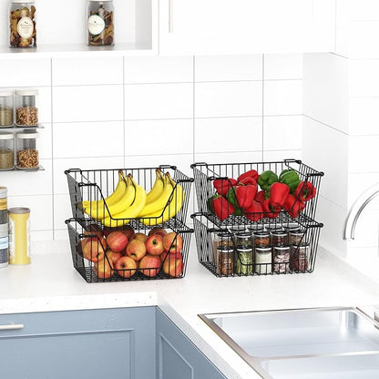Stackable Wire Metal Baskets Sturdy Cabinet Organizer Wire Pantry Freezer Bin with Handle for Home Bathroom Kitchen Fruit Vegetable Organization, Black, 2Packs