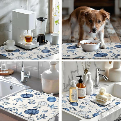 Wnoesat Fall Dish Drying Mat Blue Pumpkin Maple Leaves Drying Mats for Kitchen Counter 18x24 Inch Autumn Thanksgiving Absorbent Microfiber Dish Draining Mat Dishes Pad with Hanging Loop