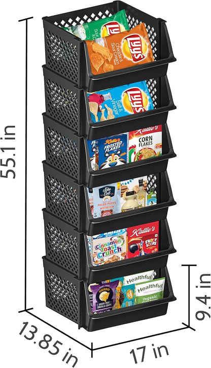 TidyFriend Plastic Stackable Bins for Pantry, 6 Pack Large Stacking Bins Open Front Kitchen, and Bathroom Organization, Open Front Design (Black)