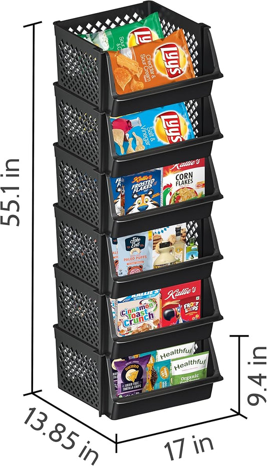 TidyFriend Plastic Stackable Bins for Pantry, 6 Pack Large Stacking Bins Open Front Kitchen, and Bathroom Organization, Open Front Design (Black)