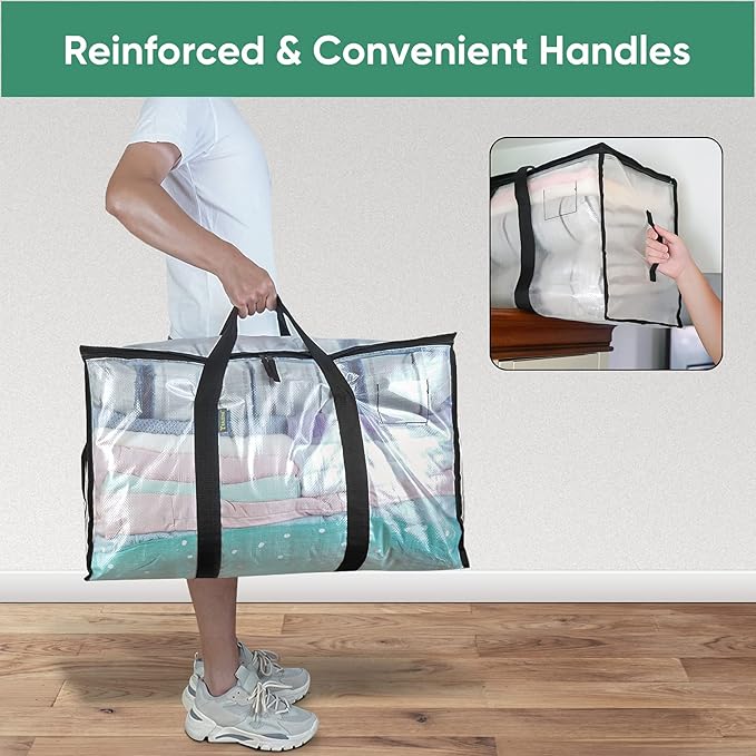 BALEINE 2-Pack Oversized Moving Bags with Reinforced Handles, Heavy-Duty Storage Tote for Clothes, Moving Supplies (Clear, 2-Pack)