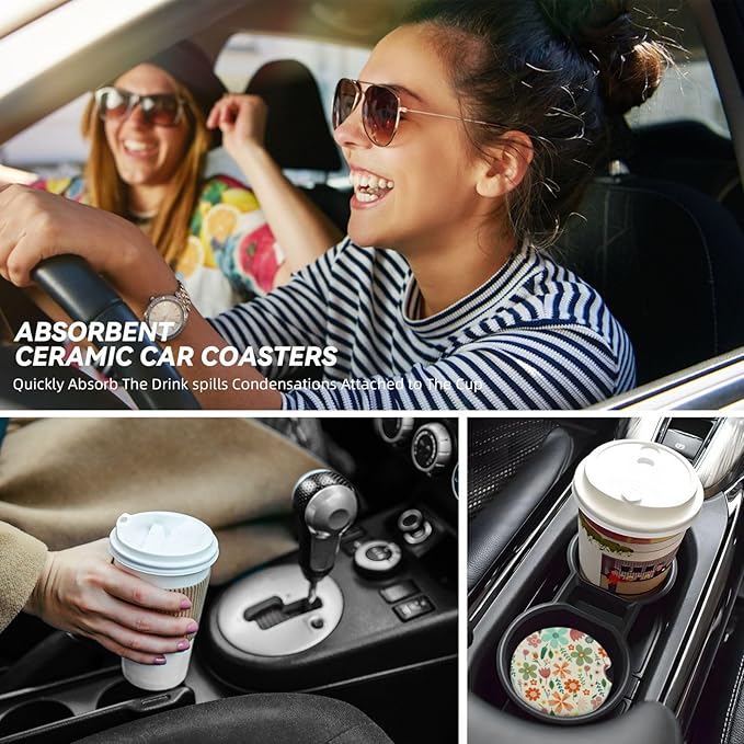 Flower Floral Car Cup Holder Coaster 2 Pack Absorbent Ceramic Car Coasters for Cup Holders Car Accessories Interior for Women Men Universal Anti Slip Cork Base Cup Coasters with Finger Notch