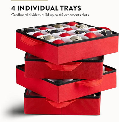 Zober Christmas Ornament Storage Box - Stores 64 Ornaments - Non-Woven, Tear- Proof Christmas Ornament Storage Containers - 3 Inch Cube Compartments - Red