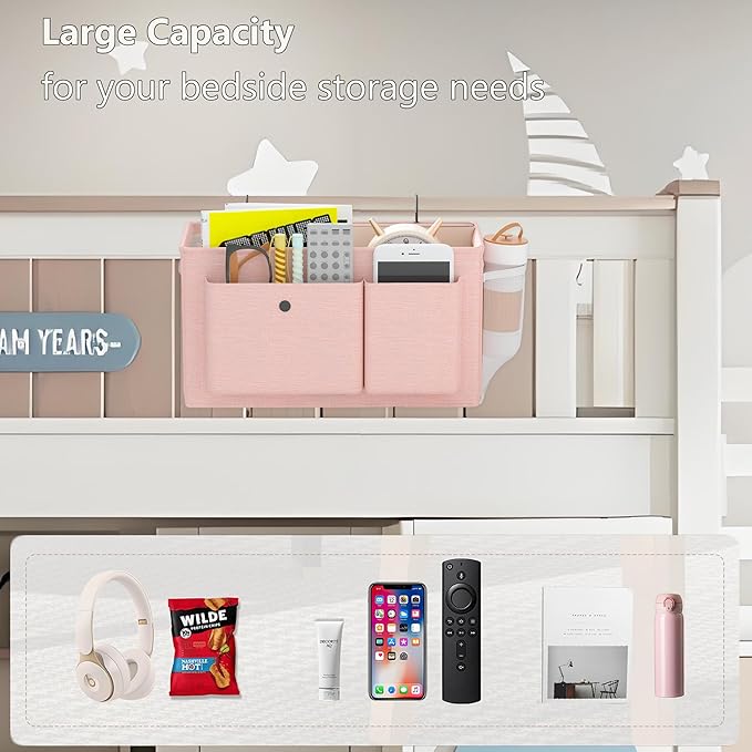 Edudif Bedside Caddy Bedside Organizer with Fixed Straps & Water Bottle Holder, Bunk Bed Caddy ideal for Home, Dorm, Hospital, Crib, Versatile Bedside Storage Solution (Pink 2pcs)