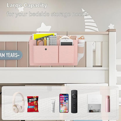 Edudif Bedside Caddy Bedside Organizer with Fixed Straps & Water Bottle Holder, Bunk Bed Caddy ideal for Home, Dorm, Hospital, Crib, Versatile Bedside Storage Solution (Pink 2pcs)