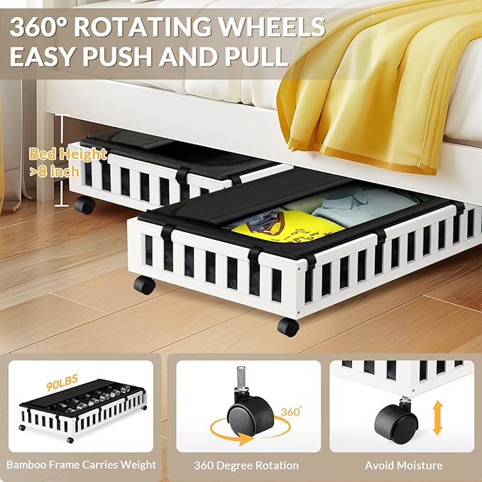 Gashell 2 Pack Bamboo Under Bed Storage with Wheels, 39”x20”x7.8” Lager Under Bed Storage Containers (White)