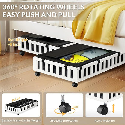 Gashell 2 Pack Bamboo Under Bed Storage with Wheels, 39”x20”x7.8” Lager Under Bed Storage Containers (White)