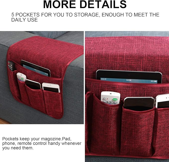 Sixyotie Sofa Armrest Organizer Non-Slip Remote Control Holders for Recliner Couch Chair Armchair Caddy with 5 Pockets for Table,Cell Phone,Ipad,Magazines,Books (13x35In, WineRed)