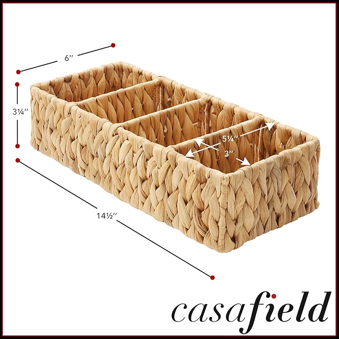 Casafield Set of 2 Water Hyacinth Basket Organizers with 4 Sections, Natural - Woven Storage Bins for Bathroom, Laundry, Pantry, Office, Shelves