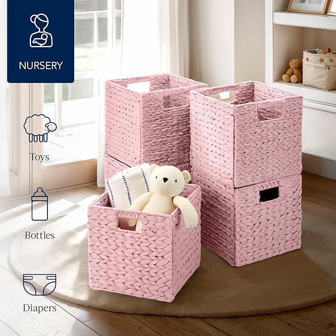 Best Choice Products 10.5x10.5in Pack of 5 Cube Storage Baskets, Water Hyacinth Multipurpose Collapsible Organizers, Handwoven Toy Storage Totes for Kids Room, Nursery & Living Room - Pink