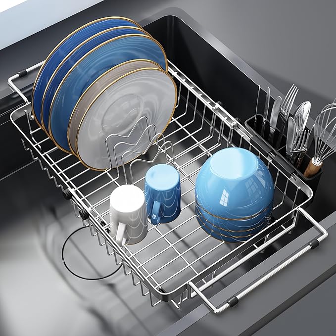 romision Expandable Dish Drying Rack Over The Sink Small Metal Stainless Steel Plate Holder for Compact Kitchen, Space Saving Modern Silver Hanging Drainer