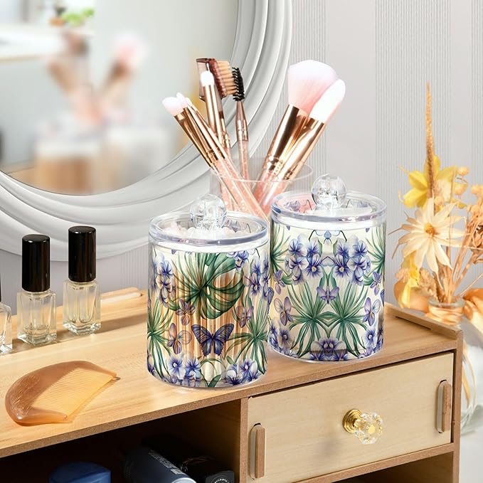 MNSRUU 4 Pack Qtip Holder Organizer Dispenser Tropical Orchid Flowers Bathroom Storage Canister Cotton Ball Holder Bathroom Containers for Cotton Swabs/Pads/Floss