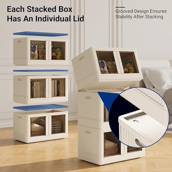 FLEXIMOUNTS 304 QT Stackable Storage Bins With Lids, Collapsible Plastic Storage Bins, Closet Organizers and Containers with Doors For Home and Built-in Wheels, 4 Pack Cubes, Milky White