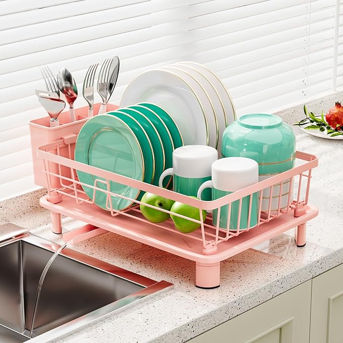 GAOKASE Dish Drying Rack, Space-Saving Dish Rack, Dish Racks for Kitchen Counter, Kitchen Dish Drainers with Removable Utensil Holder,Plate Rack and Drainboard, 11''W x 15''L, Pink
