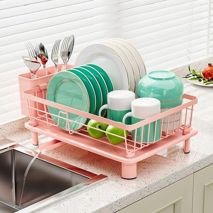 GAOKASE Dish Drying Rack, Space-Saving Dish Rack, Dish Racks for Kitchen Counter, Kitchen Dish Drainers with Removable Utensil Holder,Plate Rack and Drainboard, 11''W x 15''L, Pink
