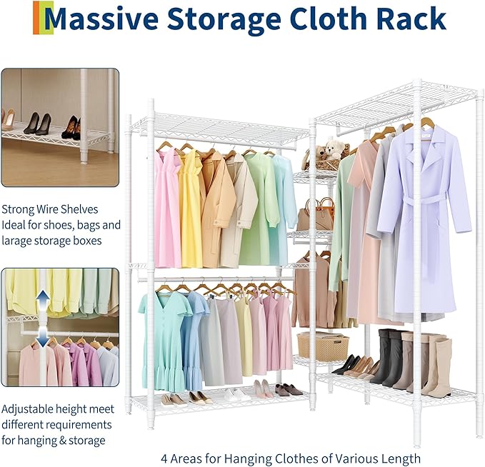 Portable Clothes Rack Heavy Duty Garment Rack, L-Shaped Closet Wardrobe with Adjustable Shelves, Freestanding Closet Organizer and Storage for Corner Apartment Bedroom, 70.5"H x 85.4"L x 17.4"W