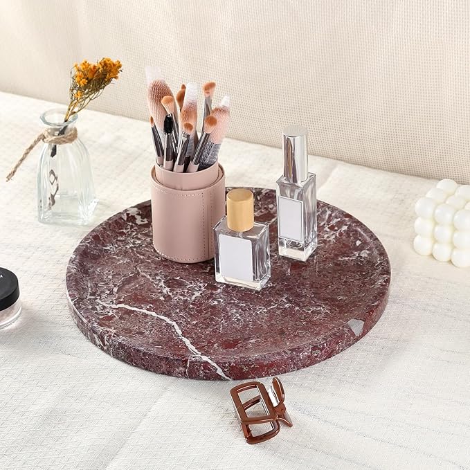Natural Round Marble Tray, 11.7in Decorative Vanity Catchall Countertop Organizer for Jewelry Perfume Candles, Multi-Purpose Decorative Serving Tray - Rose Lepanto