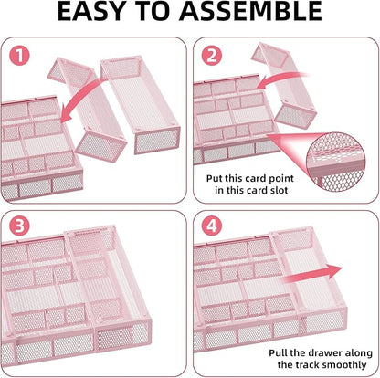 Marbrasse Expandable Desk Drawer Organizer, Mesh Tray with 10 Adjustable Compartments, Desk Organizers for Office Supplies, Makeup & Vanity (Expandable-Pink)