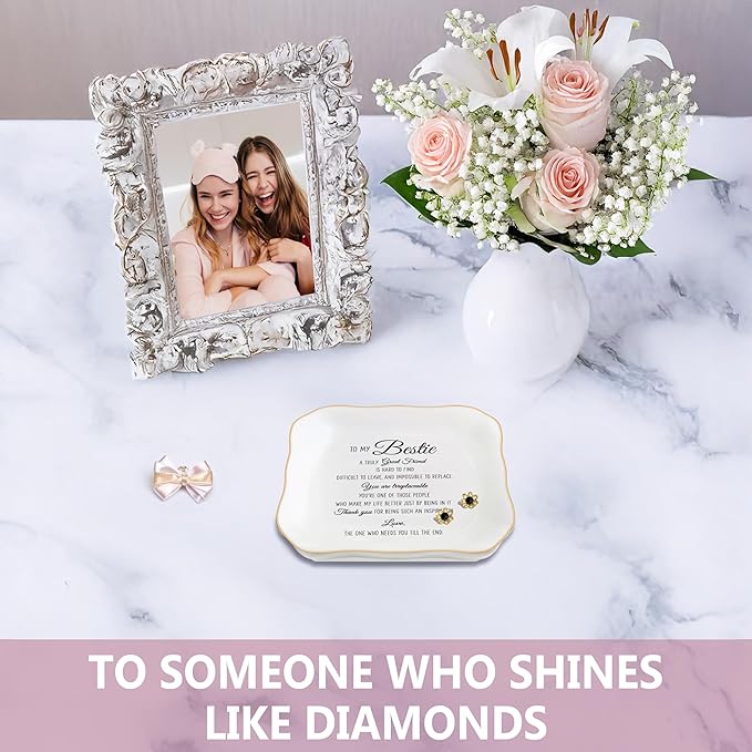 Bestie Gifts for Women Friendship, Jewelry Dish Trinket Tray, Gifts for Friends Female, Friend Gifts for Women Birthday, BFF Soul Sister Work Bestie Gifts for Thanksgiving Gifts (White-bestie2)