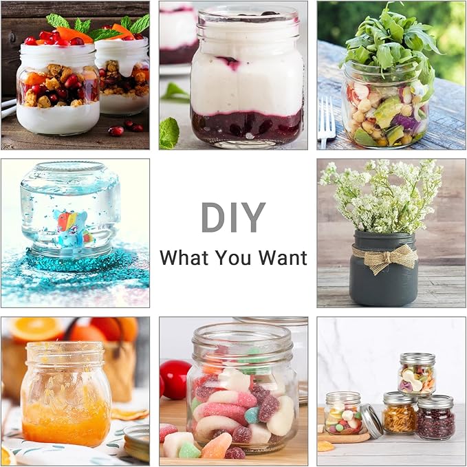 Eathtek Small Mason Jars 8oz/240ml with Regular Lids, 6 Pack Glass Canning Jars With Labels, Mini Glass Jars for Jam Jelly Spice Honey Herbs, Wedding Shower Favors Food Storage Candle Jars