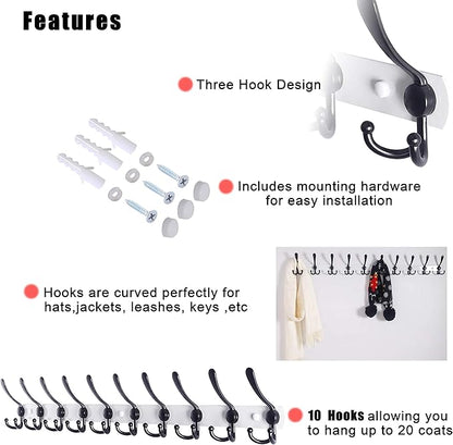 Dseap Coat Rack Wall Mount - 38” Long 10-Tri-Hooks Heavy Duty Coat Hanger Rail Wall Hooks for Hanging Coats Hats Clothing Clothes Purse Mudroom Entryway, White/Black, Pack of 2
