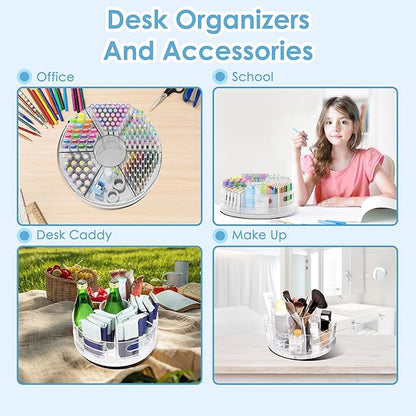 Rotating Desk Organizer, 360° Acrylic Pen Organizer for Desk with 7 Removable Compartments, Extra-Large Pen Holder for Office Supplies, Markers, and Art Supplies, Clear Pencil Holder