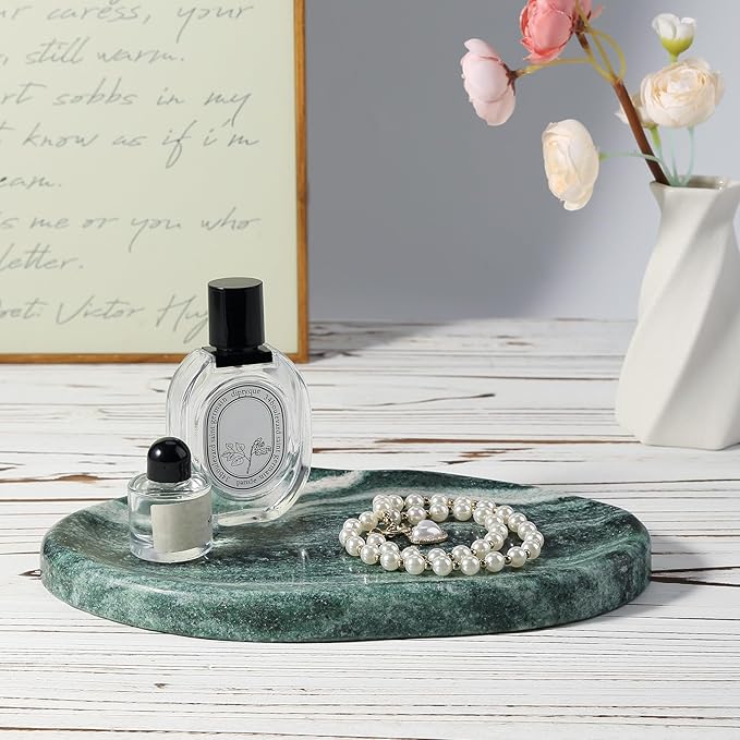 BCS Marble Jewelry Tray Trinket Dish, Decorative Cloud Vanity Key Tray for Women, Perfume Ring Holder Dish for Ring Earring, Cute Jewelry Plate Bowl Aesthetic Room Decor（Green）
