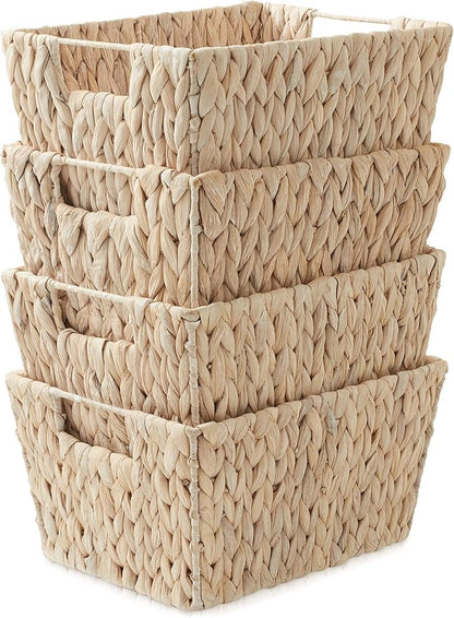 Casafield Set of 4 Water Hyacinth Storage Baskets with Handles - Whitewash White, Woven Storage Bins for Shelves, Blankets, Laundry Organization