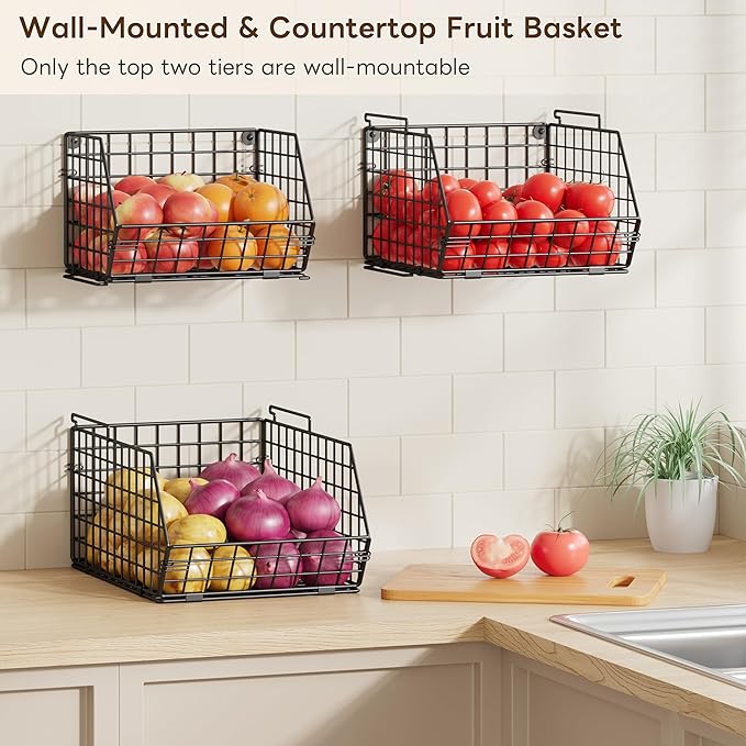 X-cosrack 3-Tier Stackable Wire Baskets for Pantry Organization and Storage, Kitchen Counter Basket for Potato Onion Storage, Fruit and Vegetable Storage Basket, Metal Baskets for Snack Produce Cans
