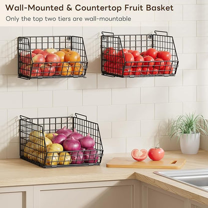 X-cosrack 3-Tier Stackable Wire Baskets for Pantry Organization and Storage, Kitchen Counter Basket for Potato Onion Storage, Fruit and Vegetable Storage Basket, Metal Baskets for Snack Produce Cans