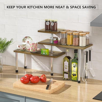 ZHWS Kitchen Corner Shelf Countertop Organizer - 3 Tier Bamboo & Metal Kitchen Organization Plant Stand Living Room Office, Spice Rack On Counter Shelves, Antique