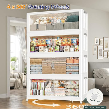 360QT Extra Large Stackable Storage Bins with Lid, 90Gal Plastic Closet Organizers and Storage Drawer, Collapsible Cabinet Box with Wheels Clear Doors for Home Kitchen Office, 3Pack White