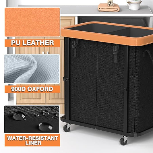 190L (50 Gal) Large Fashion Laundry Basket with Wheels, Leather Patchwork Rolling Hamper Carts, Sturdy Metal Frame, Removable Washable Bag, Tall Clothes Sorter for Bedroom - 2 Setion Black