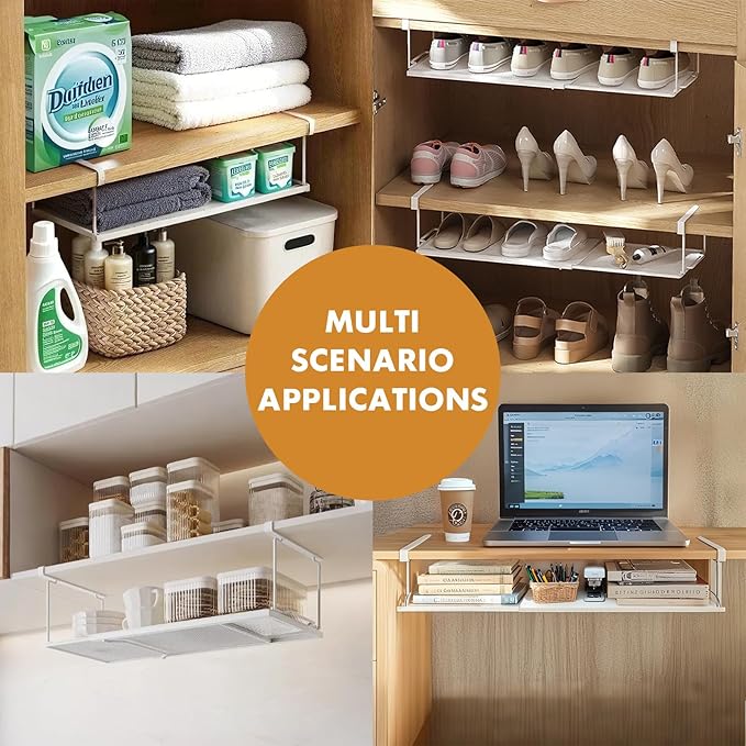 Expandable Hanging Under Shelf Storage Basket,Under Shelf Storage Organizer,Under Hanging Baskets for Cabinet,Pantry, Desk Organization,7.87" D x 14.96"-27.56W x 5.12" H,White