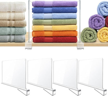 4 Pack Clear Acrylic Shelf Dividers for Closet Shelf Organizer of Bedroom Kitchen Office Bathroom Organizer for Clothes Books Hats and Handbags