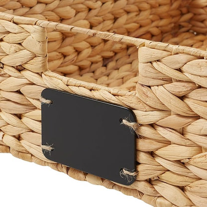 Casafield Set of 4 Water Hyacinth Pantry Baskets, 12-1/2" x 17" x 5", with Chalkboard Labels and Chalk Marker - Natural, Woven Storage Bin Organizers for Kitchen Shelves