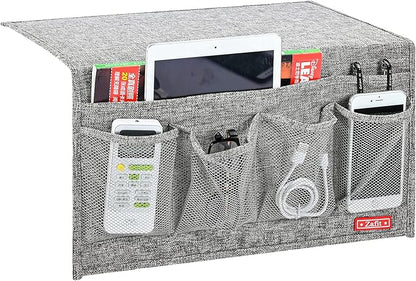 Zafit Linen 6 Pockets Bedside Caddy, Bedside Storage Organizer for Magazine, Remotes, Phone (Grey)