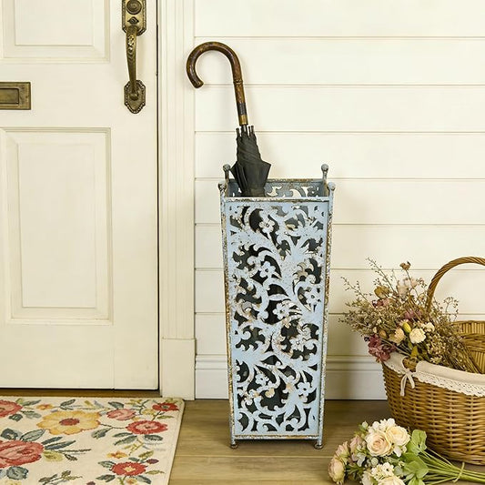 Vintage Blue Umbrella Holder for Entryway,Distressed Blue Iron Umbrella Stand with Hollow Out Vine Pattern,Removable Drip Tray,20.08"H×8.07"W×6.89"D Umbrella Organizer for Doorway Patio.