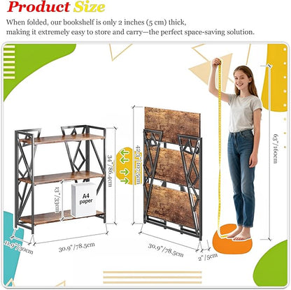 UDD No Assembly Wide Folding Bookshelf, 34" H x 30.9" W, 3 Tier Foldable Book Shelf Industrial Bookcase, Vintage Collapsible Storage Shelves for Home Office Living Room Bedroom, Rustic Brown Black