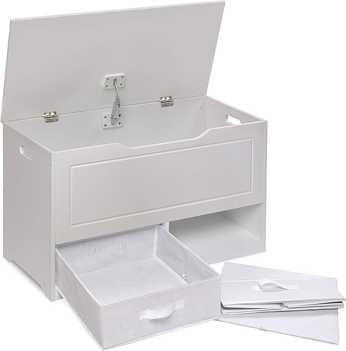 Badger Basket Toy Box and Storage Bench - Chest and Seat Combo with 2 Reversible Baskets, Safety Hinge Lid - Kids Toy Organizer for Playroom or Bedroom - White