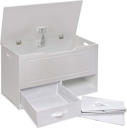 Badger Basket Toy Box and Storage Bench - Chest and Seat Combo with 2 Reversible Baskets, Safety Hinge Lid - Kids Toy Organizer for Playroom or Bedroom - White