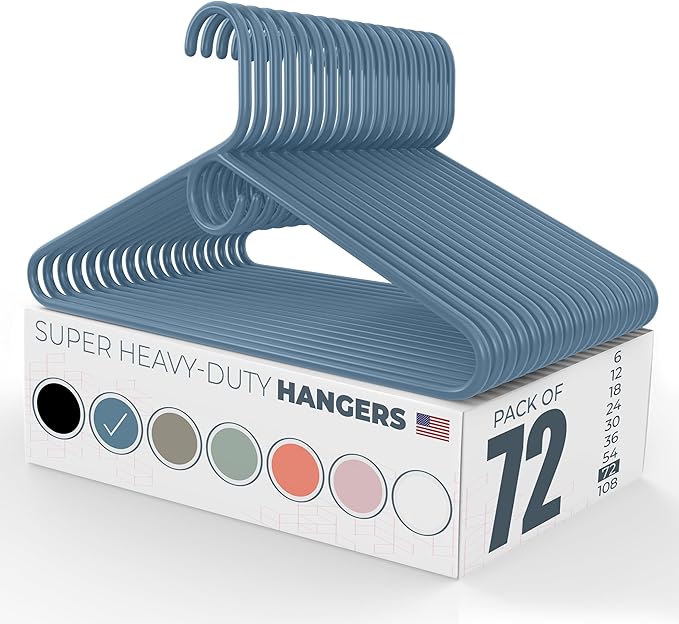 Neaties Super Heavy Duty Clothes Hangers 50+ Pack (72 Count) – Made in The USA - 10lb Capacity, Thick Plastic Hangers for Pants, Coats, Jackets, Jeans and Adult Clothing – Blue