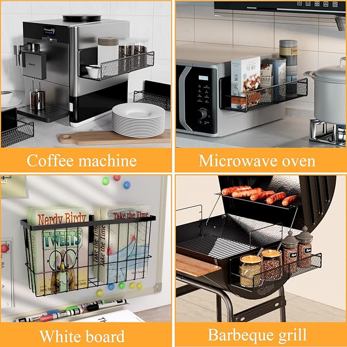 6 Pack Magnetic Shelves for Washing Machine, Magnetic Spice Rack Organizer for Refrigerator, Magnetic Shelf with Hanger Organizer, Metal Magnetic Basket, Laundry Organization and Storage, Black