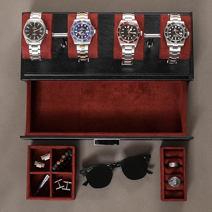 ROTHWELL Luxury Watch Display Case for 4 Watches – Leather Watch Box with Acrylic Cover and Removable Slide in Cushions – Accessory Drawer with Multiple Configurations (Black/Red)