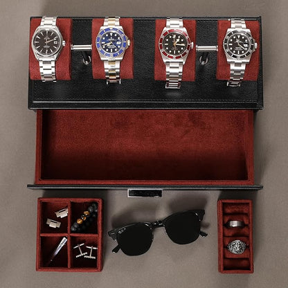 ROTHWELL Luxury Watch Display Case for 4 Watches – Leather Watch Box with Acrylic Cover and Removable Slide in Cushions – Accessory Drawer with Multiple Configurations (Black/Red)