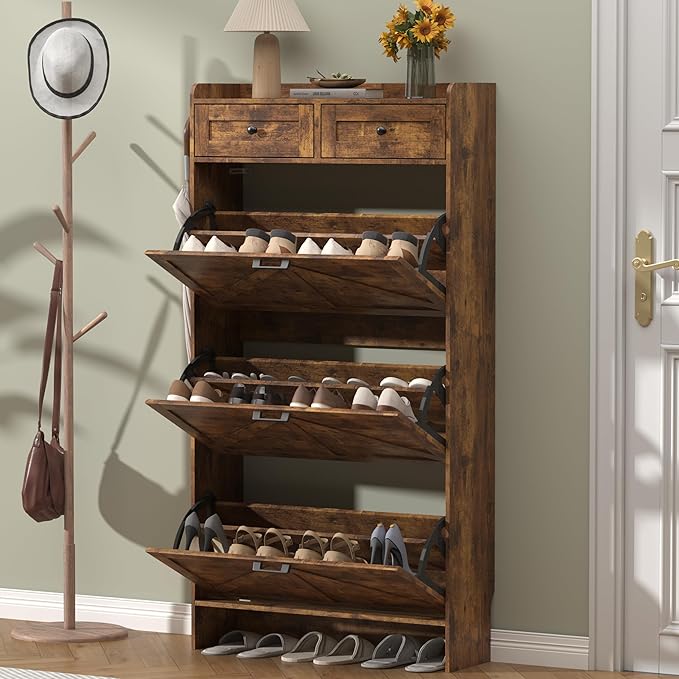 Shoe Cabinet with 3 Flip Drawers & 2 Storage Drawers, Rustic Farmhouse Narrow Shoe Organizer Cabinet, Slim Shoe Rack Cabinet, Shoe Storage Cabinet for Entryway, Hallway, Front Door