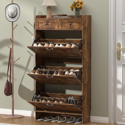 Shoe Cabinet with 3 Flip Drawers & 2 Storage Drawers, Rustic Farmhouse Narrow Shoe Organizer Cabinet, Slim Shoe Rack Cabinet, Shoe Storage Cabinet for Entryway, Hallway, Front Door