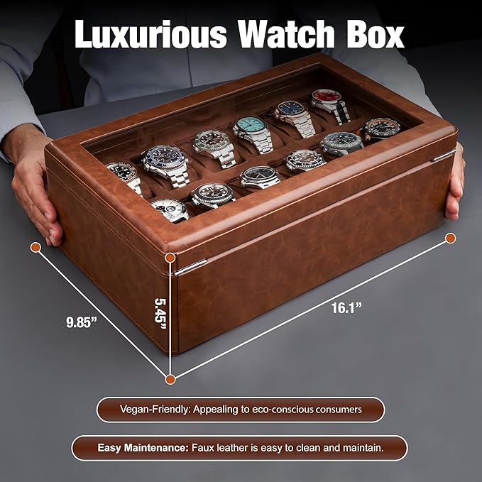 Awesometik 12 Slot LUXURY Faux Leather Watch Box Organizer. Real Glass Top. Watch Display & Watch Holder for Men. Watch Collection, Protection. For Men Ready to Gift (12 Slot Watch Box with Drawer)