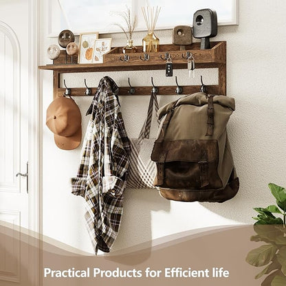 AMBIRD Coat Rack Wall Mount, 35 inch Large Wall Hooks with Shelf, Entryway Shelf with 7 Dual Coat Hooks 4 Key Hooks Mail Organizer, Wooden Coat Hanger and Key Holder Wall Mount
