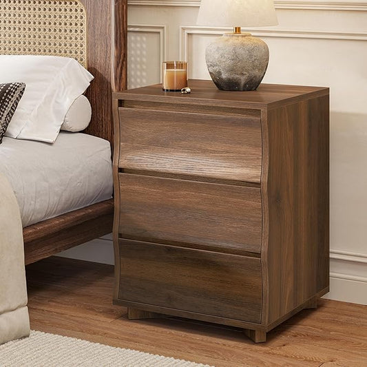 SUCSSRICH Nightstand, Night Stand with 3 Drawers, Modern Nightstand with Large Storage, Silent Slides, Wooden End Side Table, Bedside Table with 3 Drawers for Bedroom (Brown)
